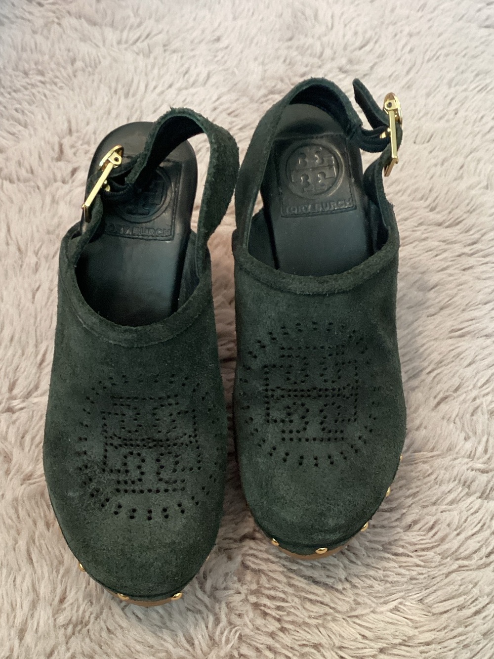 Tory Burch Forest Green Suede Perforated Clogs with Gold Buckle